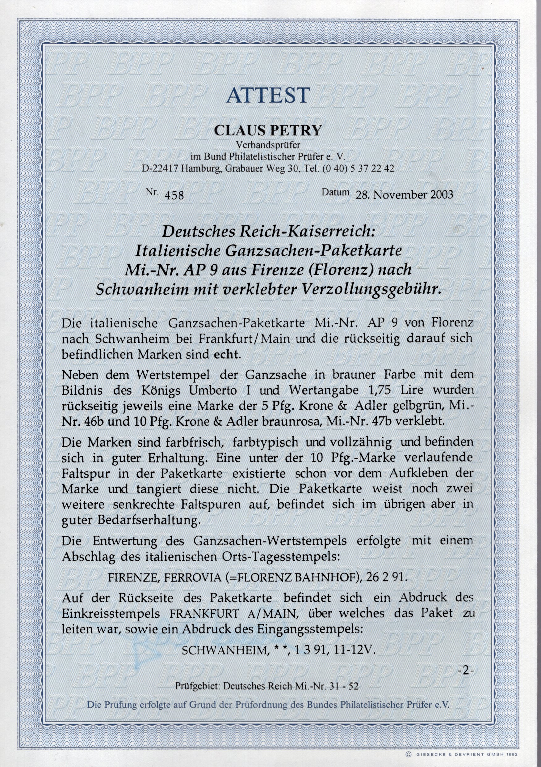 Seite 1 des Attestes von Claus Petry BPP